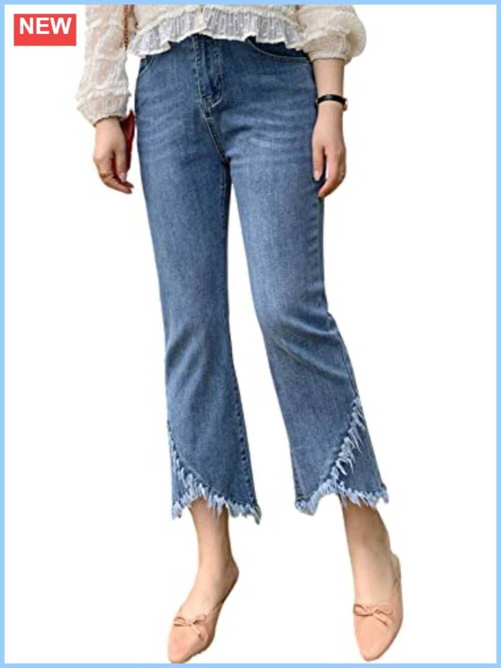 Womens Stretch Denim Ripped Frayed Hem Cropped Jeans Fringe Tassel